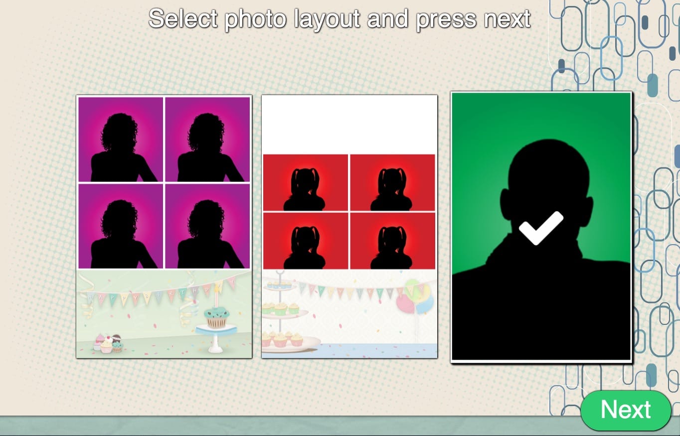 Sparkbooth Photo Layout Selection Screen with Different Photo Sizes